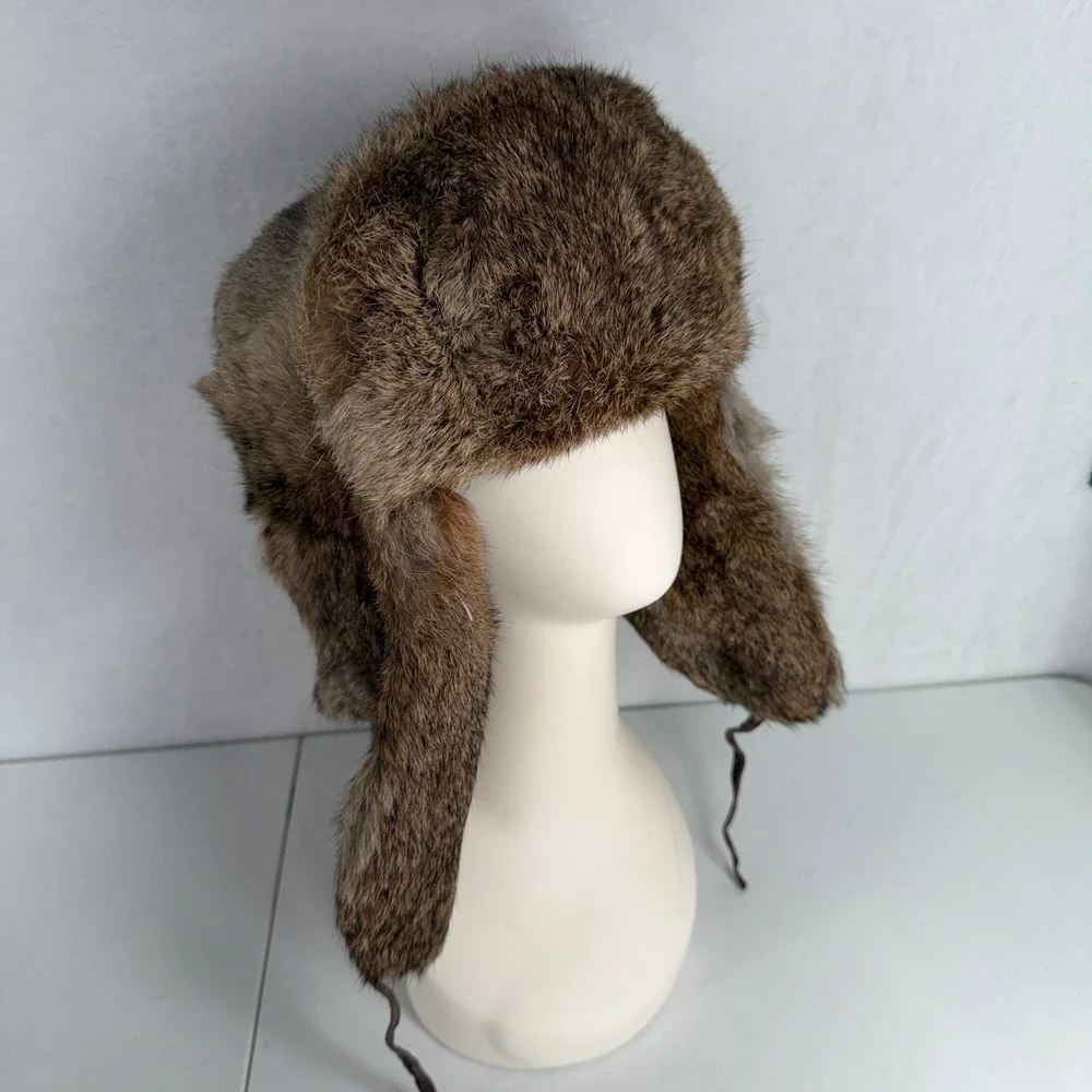 Vintage Trapper Hat Ushanka Real Rabbit Fur Ear Flaps Brown Gorpcore Aviator Hat